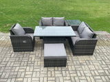 Fimous Wicker PE Rattan Furniture Garden Dining Set Outdoor Height Adjustable Rising lifting Table Love Sofa With Reclining Chair Side Tables Big Footstool