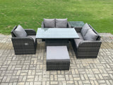 Fimous Wicker PE Rattan Furniture Garden Dining Set Outdoor Height Adjustable Rising lifting Table Love Sofa With Reclining Chair Side Tables Big Footstool
