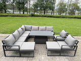 Fimous 11 Seater Aluminium Sofa Set 10 Pieces Outdoor Garden Furniture - Rising Dining Table with Cushions 2 Big Footstools 2 Chair Footstool Dark Grey