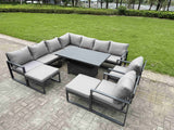 Fimous 11 Seater Aluminium Sofa Set 10 Pieces Outdoor Garden Furniture - Rising Dining Table with Cushions 2 Big Footstools 2 Chair Footstool Dark Grey