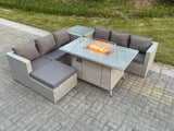 Fimous Light Grey Corner Rattan Fire Pit Garden Furniture Set Gas Heater Burner Lounge Sofa With Side Coffee Table Big Footstool