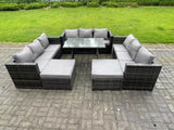 Fimous 11 Seater Wicker PE Rattan Outdoor Furniture Lounge Sofa Garden Dining Set with Dining Table 2 Big Footstools Dark Grey Mixed