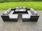 Fimous 11 Seater Wicker PE Rattan Outdoor Furniture Lounge Sofa Garden Dining Set with Dining Table 2 Big Footstools Dark Grey Mixed
