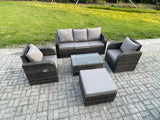 Fimous Outdoor Rattan Garden Furniture Set Patio Lounge Sofa Set with Reclining Chair Rectangular Coffee Table Big Footstool Dark Grey Mixed