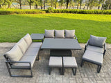 Fimous Garden Aluminium Furniture Set Dark Grey 10 Seater Outdoor Patio Adjustable Rising Lifting Dining Table with 3 Footstools Side Table Dark Grey