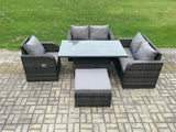 Fimous Wicker PE Rattan Furniture Garden Dining Set Outdoor Height Adjustable Rising lifting Table Love Sofa With Reclining Chair Big Footstool