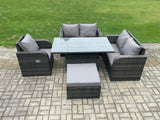 Fimous Wicker PE Rattan Furniture Garden Dining Set Outdoor Height Adjustable Rising lifting Table Love Sofa With Reclining Chair Big Footstool
