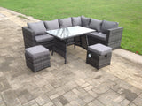 Fimous Dark Mixed Grey 8 Seater Rattan Garden Outdoor Corner Sofa Set Rectangular Dining Table Small Footstools