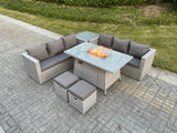 Fimous Light Grey Rattan FirePit Garden Furniture Set Gas Heater Burner Lounge Sofa Dining Table With Side Coffee Table 2 pc Stool