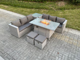 Fimous Light Grey Rattan FirePit Garden Furniture Set Gas Heater Burner Lounge Sofa Dining Table With Side Coffee Table 2 pc Stool