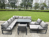 Fimous 12 Seater Aluminium Sofa Set 11 Pieces Outdoor Garden Furniture - Rising Dining Table with Cushions 2 Big Footstools 3 Chairs Footstool Dark Grey