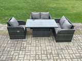 Fimous Wicker PE Rattan Furniture Garden Dining Set Outdoor Height Adjustable Rising lifting Table Love Sofa With Reclining Chair