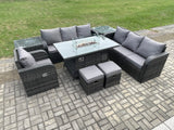 Fimous 9 Seater Wicker Rattan Garden Furniture Set Gas Fire Pit Dining Table Reclining Chair 3 Seater Sofa Set Indoor Outdoor with Side Table 2 Small Footstools