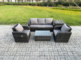 Fimous Outdoor Rattan Garden Furniture Set Patio Lounge Sofa Set with Reclining Chair Rectangular Coffee Table Side Table Dark Grey Mixed
