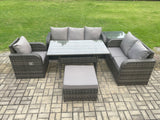 Fimous 7 Seater Garden Rattan Furniture Dining Table Sofa Set Indoor Outdoor with Reclining Chairs Big Footstool Side Table Dark Grey Mixed