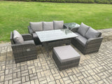 Fimous 7 Seater Garden Rattan Furniture Dining Table Sofa Set Indoor Outdoor with Reclining Chairs Big Footstool Side Table Dark Grey Mixed