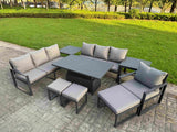 Fimous Garden Aluminium Furniture Set Dark Grey 10 Seater Outdoor Patio Adjustable Rising Lifting Dining Table with 3 Footstools 2 Side Tables Dark Grey