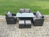 Fimous Wicker PE Rattan Furniture Garden Dining Set Outdoor Height Adjustable Rising lifting Table Love Sofa With Reclining Chair 2 Small Footstools