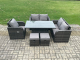 Fimous Wicker PE Rattan Furniture Garden Dining Set Outdoor Height Adjustable Rising lifting Table Love Sofa With Reclining Chair 2 Small Footstools
