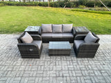 Fimous Outdoor Rattan Garden Furniture Set Patio Lounge Sofa Set with Reclining Chair Rectangular Coffee Table 2 Side Tables Dark Grey Mixed
