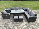 Fimous 9 Seater Wicker Rattan Garden Furniture Set Gas Fire Pit Dining Table Reclining Chair 3 Seater Sofa Set Indoor Outdoor with Side Table 2 Small Footstools