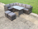 Fimous Dark Mixed Grey Rattan Garden Outdoor Corner Sofa Set 8 Seater Rectangular Dining Table Small Footstools