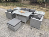 Fimous Rattan Garden Furniture Set Gas Fire Pit Lounge Sofa Chair Dining Set With 2 Side Table And 2 PC Arm Chair Footstool