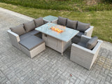 Fimous Light Grey Rattan Fire Pit Garden Furniture Set Gas Heater Burner Lounge Sofa With Side Coffee Table Big Footstool Chair