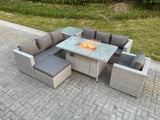 Fimous Light Grey Rattan Fire Pit Garden Furniture Set Gas Heater Burner Lounge Sofa With Side Coffee Table Big Footstool Chair