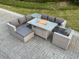 Fimous Light Grey Rattan Fire Pit Garden Furniture Set Gas Heater Burner Lounge Sofa With Side Coffee Table Big Footstool Chair