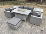 Fimous Rattan Garden Furniture Set Gas Fire Pit Lounge Sofa Chair Dining Set With 2 Side Table And 2 PC Arm Chair Footstool