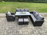 Fimous 9 Seater Wicker Rattan Garden Furniture Set Gas Fire Pit Dining Table Reclining Chair 3 Seater Sofa Set Indoor Outdoor with 2 Small Footstools