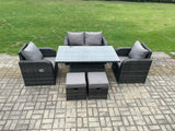 Fimous Wicker PE Rattan Furniture Garden Dining Set Outdoor Patio Height Adjustable Rising lifting Table Love Sofa With Reclining Chair 2 Small Footstools