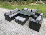 Fimous 10 Seater Wicker PE Garden Furniture Rattan Sofa Set Outdoor Adjustable Rising Lifting Dining Table Set with 2 Armchairs 2 Stools Dark Grey Mixed