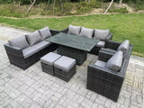 Fimous 10 Seater Wicker PE Garden Furniture Rattan Sofa Set Outdoor Adjustable Rising Lifting Dining Table Set with 2 Armchairs 2 Stools Dark Grey Mixed