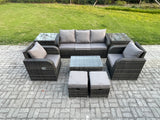 Fimous 7 Seater Rattan Garden Furniture Set Patio Outdoor Lounge Sofa Set with Rectangular Coffee Table 2 Small Footstools 3 Seater Sofa 2 Side Tables Dark Grey Mixed