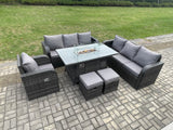 Fimous 9 Seater Wicker Rattan Garden Furniture Set Gas Fire Pit Dining Table Reclining Chair 3 Seater Sofa Set Indoor Outdoor with 2 Small Footstools