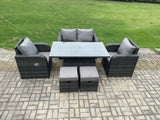 Fimous Wicker PE Rattan Furniture Garden Dining Set Outdoor Patio Height Adjustable Rising lifting Table Love Sofa With Reclining Chair 2 Small Footstools