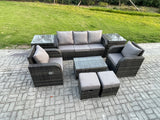 Fimous 7 Seater Rattan Garden Furniture Set Patio Outdoor Lounge Sofa Set with Rectangular Coffee Table 2 Small Footstools 3 Seater Sofa 2 Side Tables Dark Grey Mixed