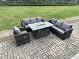 Fimous Rattan Outdoor Furniture Gas Fire Pit Rectangle Dining Table Gas Heater Reclining Chair 3 Seater Sofa Sets 7 Seater