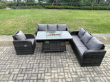 Fimous Rattan Outdoor Furniture Gas Fire Pit Rectangle Dining Table Gas Heater Reclining Chair 3 Seater Sofa Sets 7 Seater