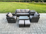 Fimous Outdoor Rattan Garden Furniture Set Patio Lounge Sofa Set with Reclining Chair Rectangular Coffee Table Side Table 2 Small Footstools Dark Grey Mixed