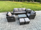 Fimous Outdoor Rattan Garden Furniture Set Patio Lounge Sofa Set with Reclining Chair Rectangular Coffee Table Side Table 2 Small Footstools Dark Grey Mixed