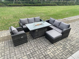 Fimous Rattan Outdoor Furniture Gas Fire Pit Rectangle Dining Table Gas Heater Reclining Chair 3 Seater Sofa Sets with Big Footstool 8 Seater