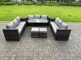 Fimous 11 Seater Rattan Outdoor Furniture Sofa Garden Dining Set with Patio Dining Table 2 Small Footstools Dark Grey Mixed
