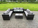 Fimous 11 Seater Rattan Outdoor Furniture Sofa Garden Dining Set with Patio Dining Table 2 Small Footstools Dark Grey Mixed