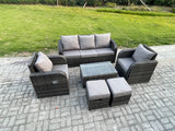 Fimous Outdoor Rattan Garden Furniture Set Patio Lounge Sofa Set with Reclining Chair Rectangular Coffee Table 2 Small Footstool Dark Grey Mixed