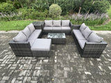 Fimous 10 Seater Outdoor Lounge Sofa Set Wicker PE Rattan Garden Furniture Set with Oblong Coffee Table Side Table Big Footstool Dark Grey Mixed