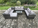 Fimous 10 Seater Outdoor Lounge Sofa Set Wicker PE Rattan Garden Furniture Set with Oblong Coffee Table Side Table Big Footstool Dark Grey Mixed