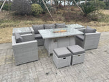 Fimous Rattan Garden Furniture Set Gas Fire Pit Lounge Sofa Chair Dining Set With 2 Side Table And 2 PC Arm Chair 2 Stools